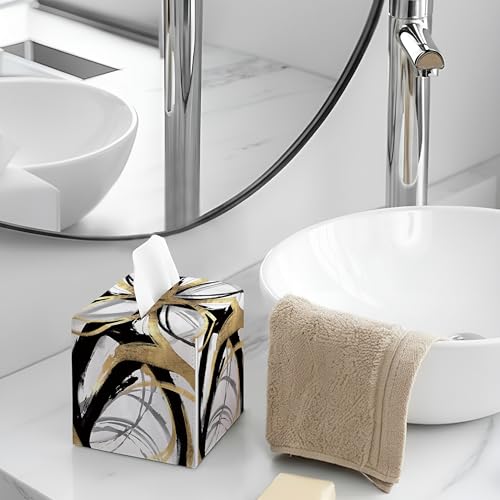 Abstract Square Faux Leather Tissue Box Cover - Black and Gold