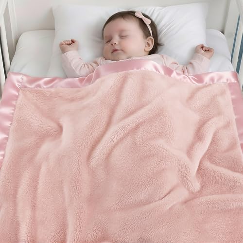 Light Pink Plush Baby Blanket with Satin Trim - 30x40 Inch