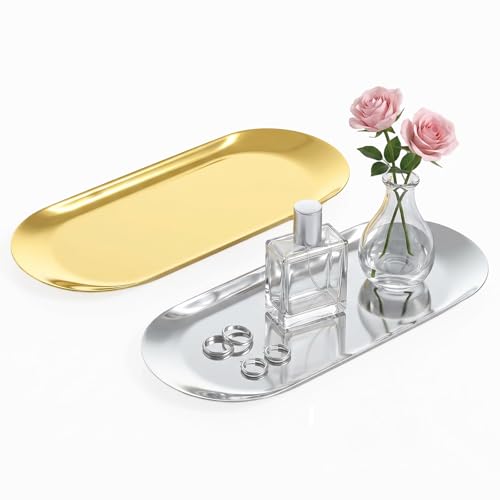 2 Pcs Gold & Silver Decorative Trays - Oval Stainless Steel Organizer