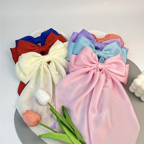 Large Satin Hair Bow Clip Long Tail Champagne Pink French Barrettes