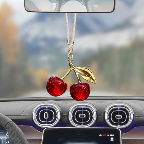 Briwill Cherry Rear View Mirror Charm - Silver & Red Car Accessories for Women, Gold & Red Variation