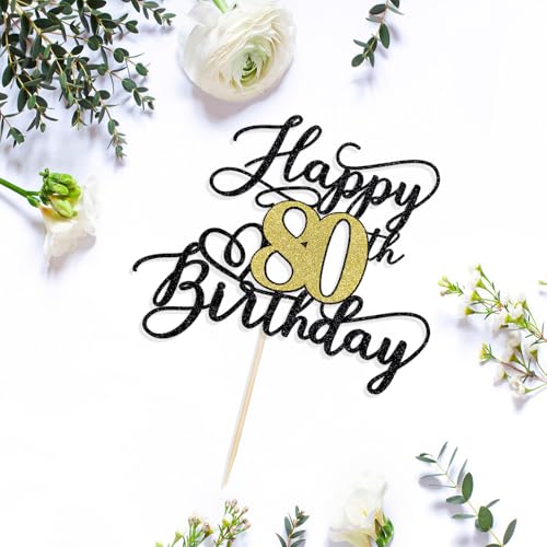 80th Birthday Cake Topper - Black Gold Glitter Decoration