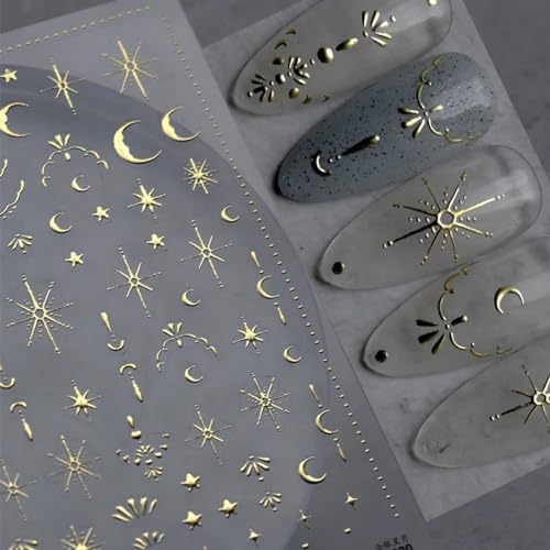 POWPOP 3D Gold Star & Moon Nail Art Stickers Laser Bronzing Decals