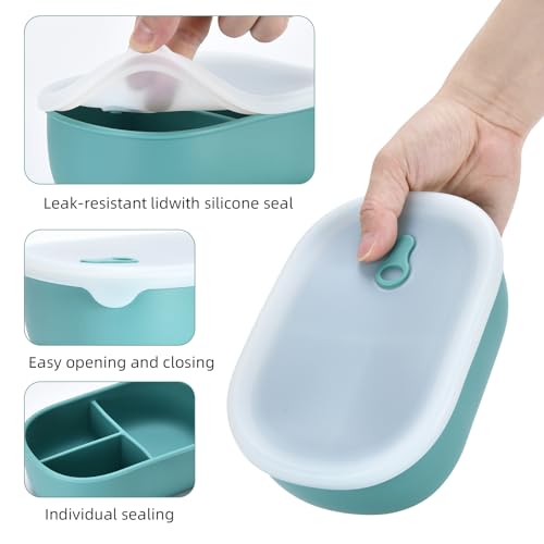 Leakproof Bento Box - 1 Pack Silicone Lunch Container with 3 Compartments