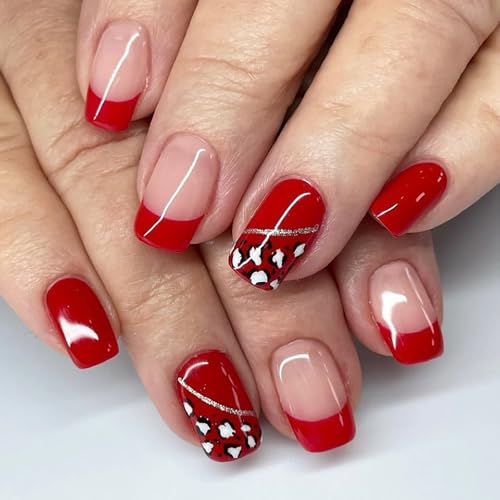 OFDNE Red French Tip Press on Nails with Leopard Print Medium Square