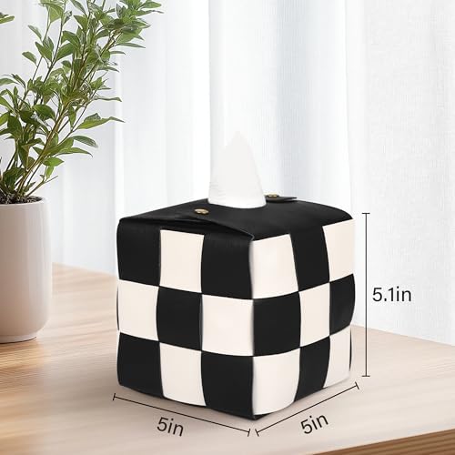 Modern Square PU Leather Tissue Box Cover - Black and Beige Checkered