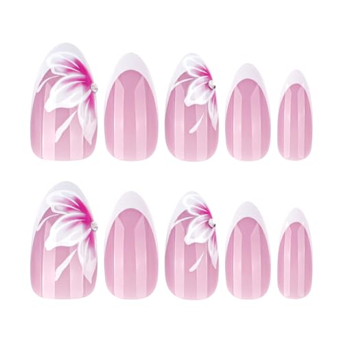 Pink Flower Press on Nails Almond French Tip Fake Nails with Rhinestones