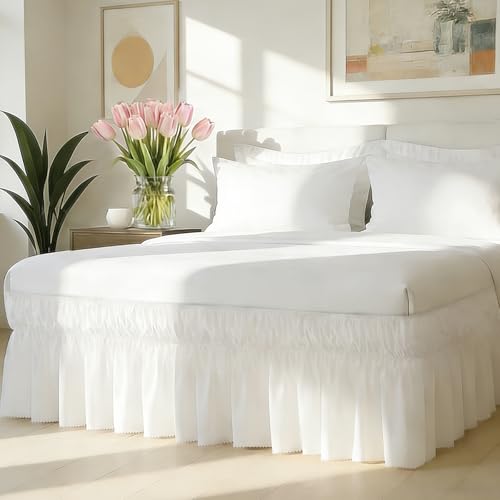 Queen Bed Skirt with Elastic Straps - Ruffle Design, White, 16" Drop