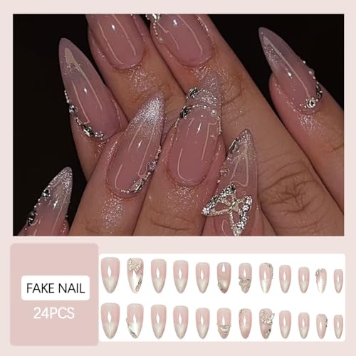Nude Press on Nails Medium Almond 3D Butterfly Glitter Acrylic Fake Nails