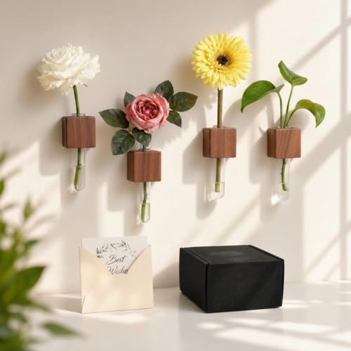 Walnut 4-Piece Magnetic Wooden Vases Set with Test Tubes & Greeting Card