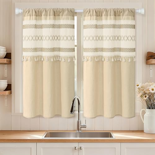 FRAMICS Linen Cafe Curtains - 26" x 36" Boho Farmhouse Tier Curtains, 2 Panels