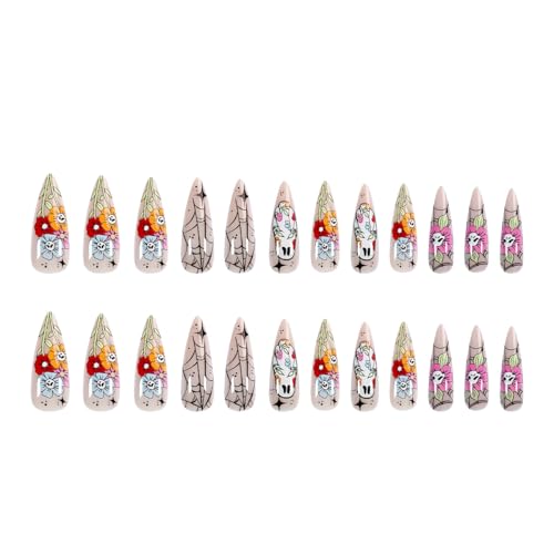 Halloween Press on Nails Almond Shape Ghost Spider Web False Nails Kit