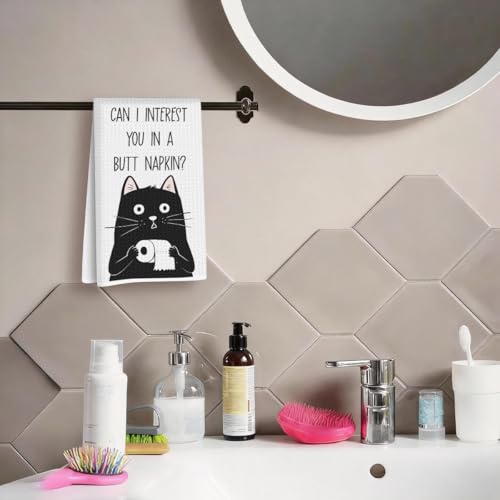 Humorous Toilet Cat Hand Towels - Funny Cat Kitchen Bathroom Decor Gift for Women