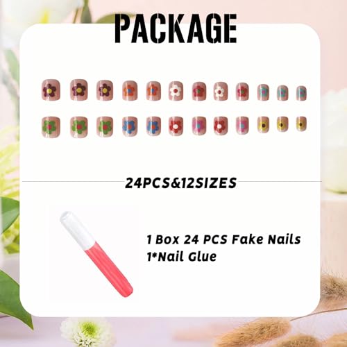 IMSOHOT Short Square Press on Nails Colorful Flower Fake Nails 24Pcs