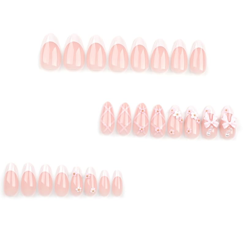 BAOYAALIN Medium Almond Press on Nails French White with 3D Flower Bows
