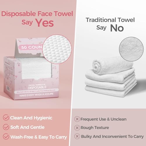 Feisou Disposable Face Towels - Soft & Thick 100% Viscose Facial Cleansing Wipes, 50 Count