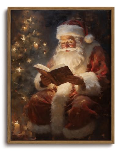 Vintage Christmas Wall Art Santa Reading by Christmas Tree Framed 10x8