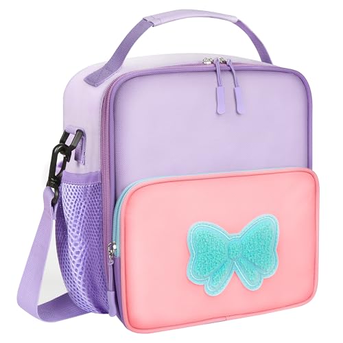 Insulated Kids Lunch Bag with Bow Patch - Pink Purple School Lunch Box