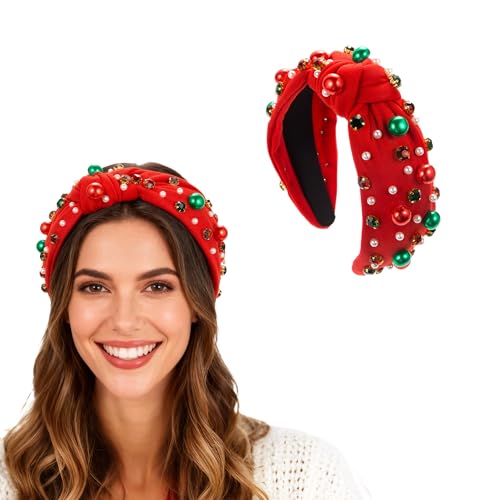 Tisbonsy Christmas Pearl Rhinestone Wide Knot Headband in Red