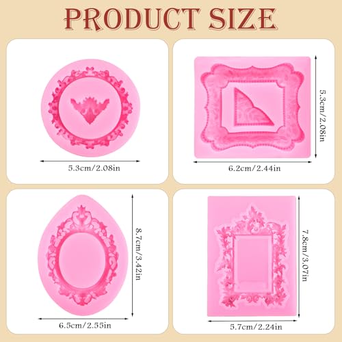 JJUNW 4 Pcs Baroque Photo Frame Silicone Molds for Cake Decoration