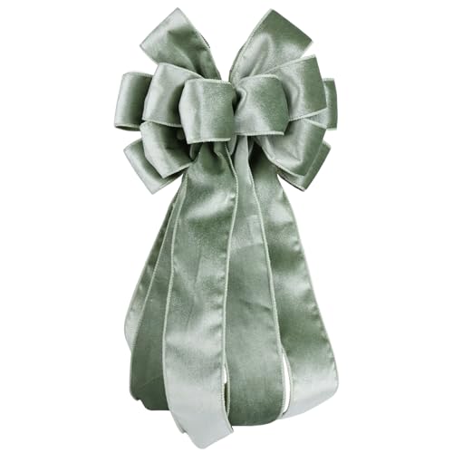 Sage Green Velvet Christmas Bow for Wreaths and Tree Decorations - 11.5x21 Inches