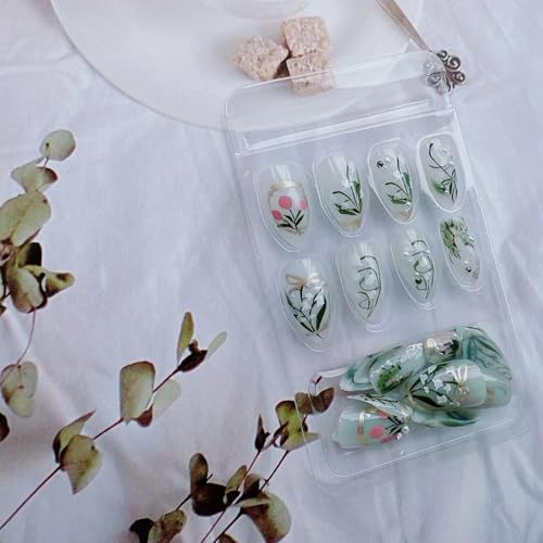 Floral Press On Nails Medium Almond Fake Nails with Pearls