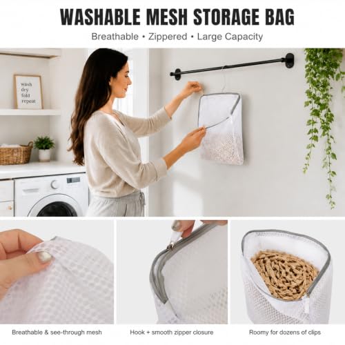 CHENZORVAX Hanging Mesh Clothespin Bag with Hook, White - 11.8 x 7.8 In