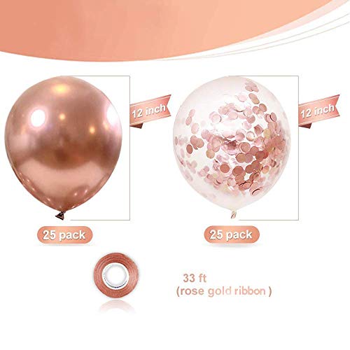 Rose Gold Metallic and Confetti Latex Balloons 50 Pack for Party Decor