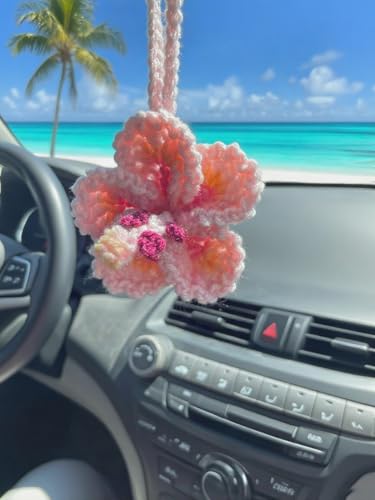 Handmade Crochet Hibiscus Car Hanging Decor - Pink Flower Charm