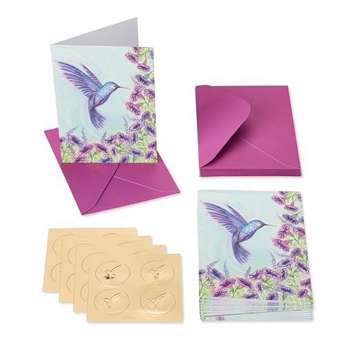 Purple Hummingbird Blank Greeting Cards Set with Envelopes - 14 Count