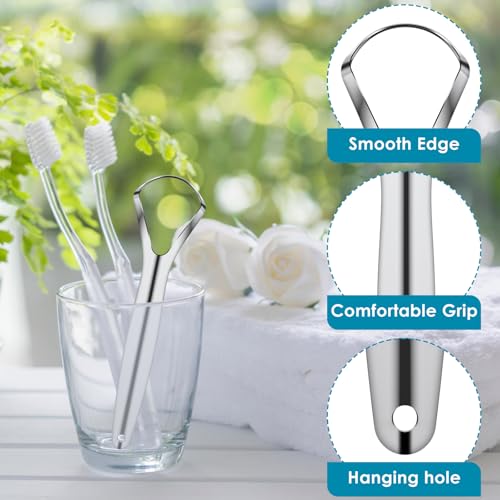 Stainless Steel Tongue Scraper 4-Pack, Metal Tongue Cleaner for Adults
