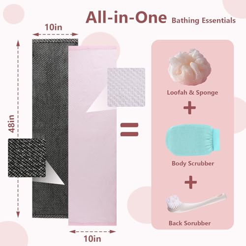 Exfoliating Shower Towel 48" Dual-Sided Washcloth - Black (1PC)