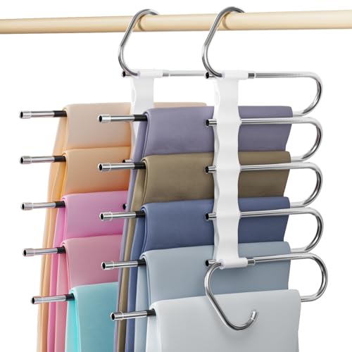 Damita 5-in-1 Space Saving Pants Hangers - White Metal Closet Organizer (2 Pack)