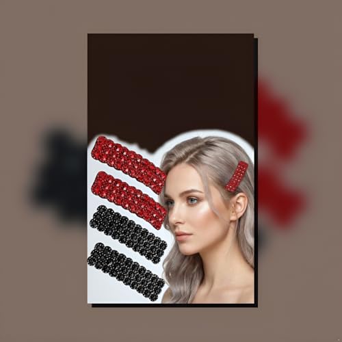 Black and Red Rhinestone Snap Hair Clips 4-Piece Crystal Barrettes