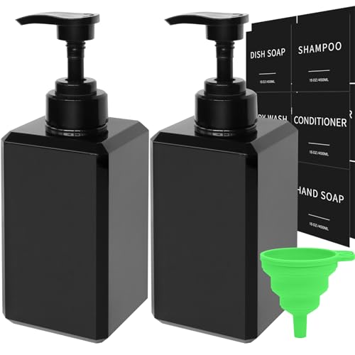 15oz Black Soap Dispenser Set - 2 Pack with Waterproof Labels