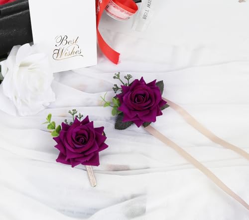 Purple Velvet Wrist Corsage & Boutonniere Set for Weddings