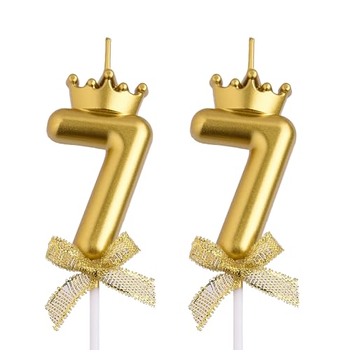 77th Birthday Candle Set - Elegant Smokeless Gold Crown Cake Topper