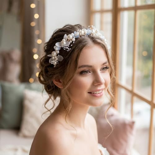 White Pearl Flower Headband for Women Wedding Bridal Hair Accessories