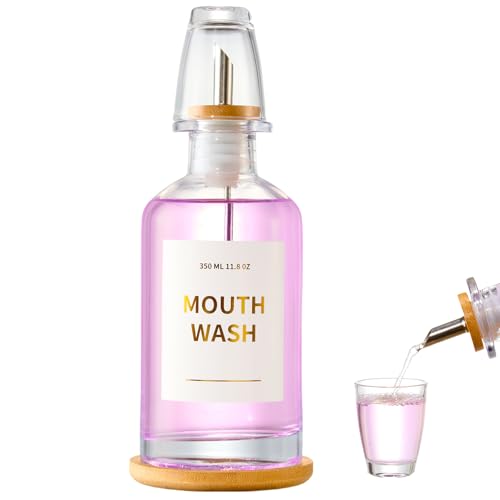 MUVEKA Clear Glass Mouthwash Dispenser Set with Bamboo Holder - 11.8oz