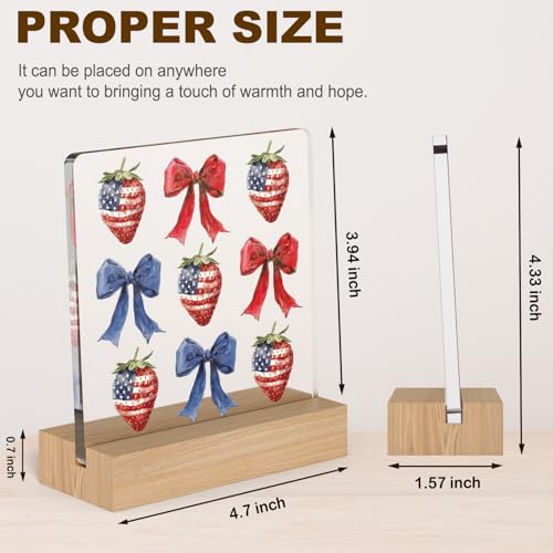 Patriotic Strawberry Acrylic Plaque with Wooden Stand for Independence Day Decor