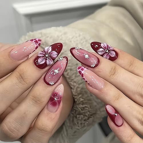 Burgundy Gradient French Tip Press on Nails with 3D Flower & Rhinestones, Almond Fake Nails