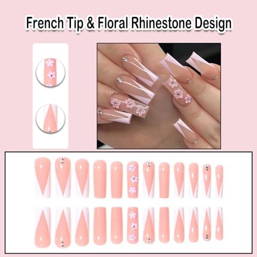 Pink Square French Tip Press on Nails with Floral Rhinestone