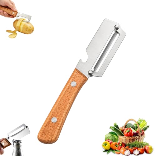 Vegetable Peeler with Wooden Handle and Built-In Bottle Opener