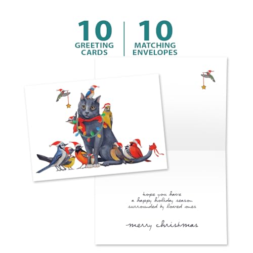 Whimsical Bird and Cat Christmas Cards - Eco-Friendly Recycled 10 Pack
