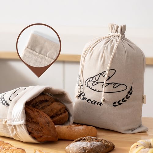 Reusable Linen Bread Bags with Plastic Liner, 17x13 Inches, 2 Pack