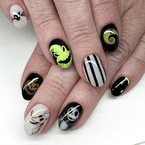 QUNQINLI Halloween Press on Nails Short Oval Ghost Pumpkin Bat False Nails