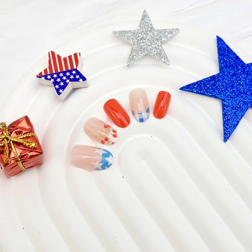 4th of July Press on Nails Medium Almond Blue French Tip Fake Nails