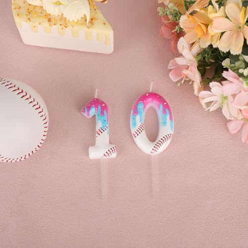 Number 10 Baseball Birthday Candle with Realistic Ice Cream Drip Design