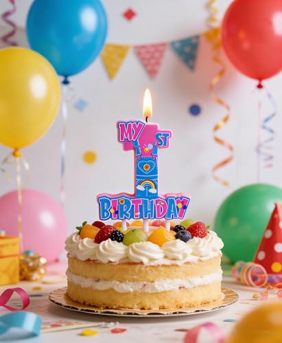 Number 1 Rainbow Birthday Candle - Cute Pink 1st Birthday Cake Topper