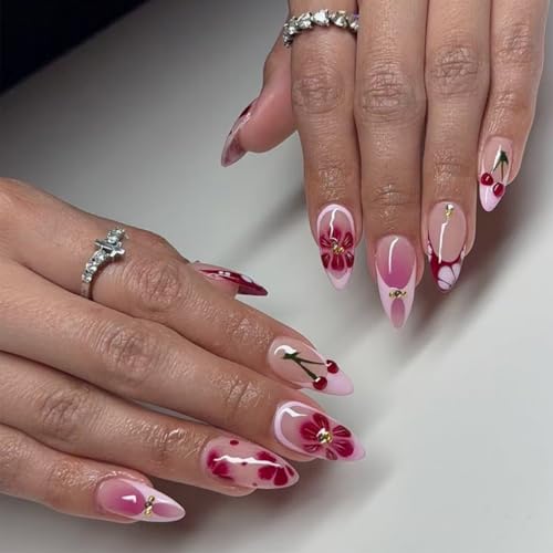 3D Cherry Blossom Press On Nails Rhinestone Almond False Nails Kit